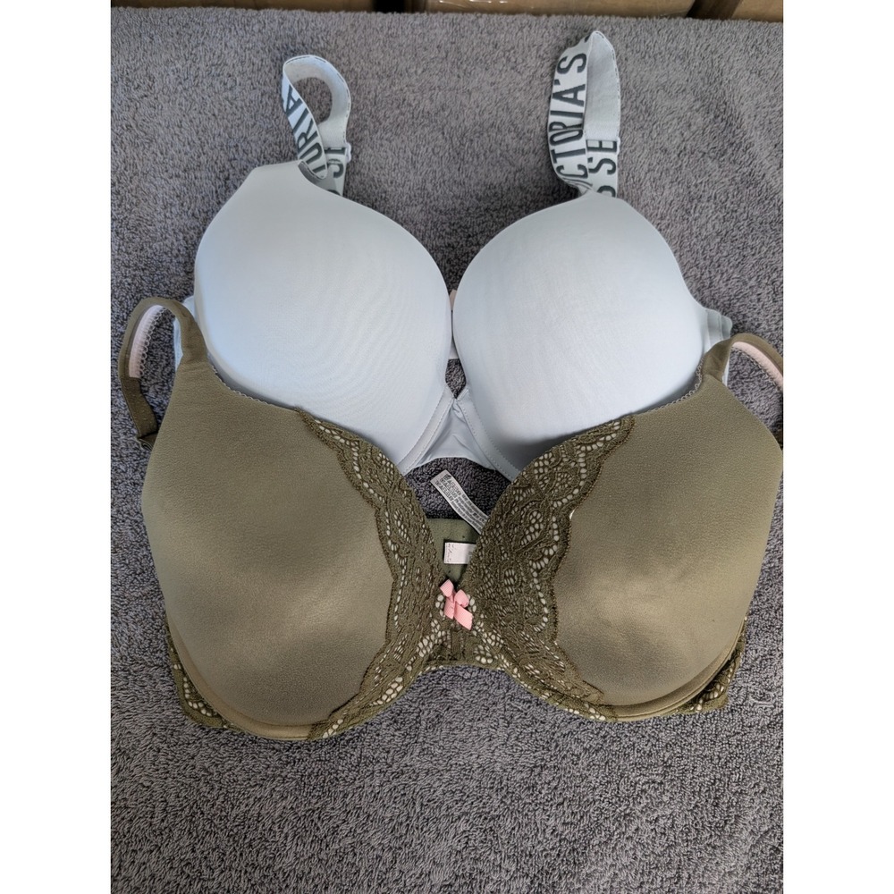 Victoria Secret Underwire Bra Bundle 36DDD Olive Green Lace White Logo Straps